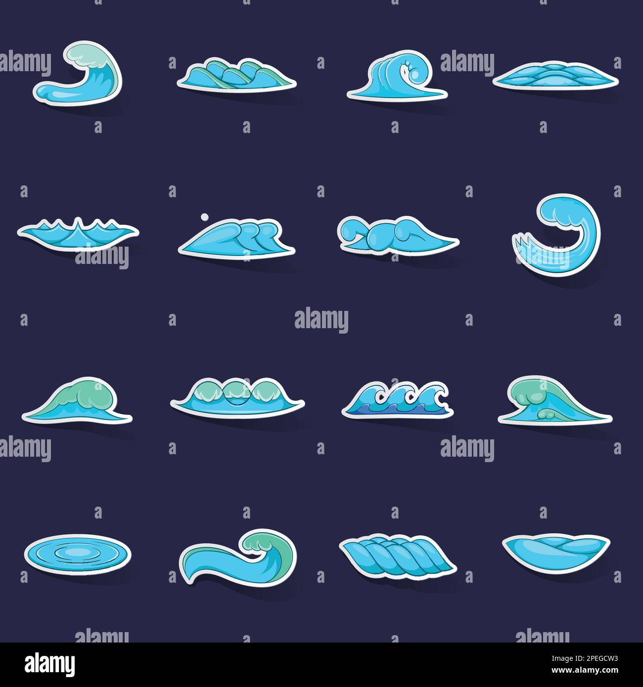 Waves icons set stikers collection vector with shadow on purple background Stock Vector