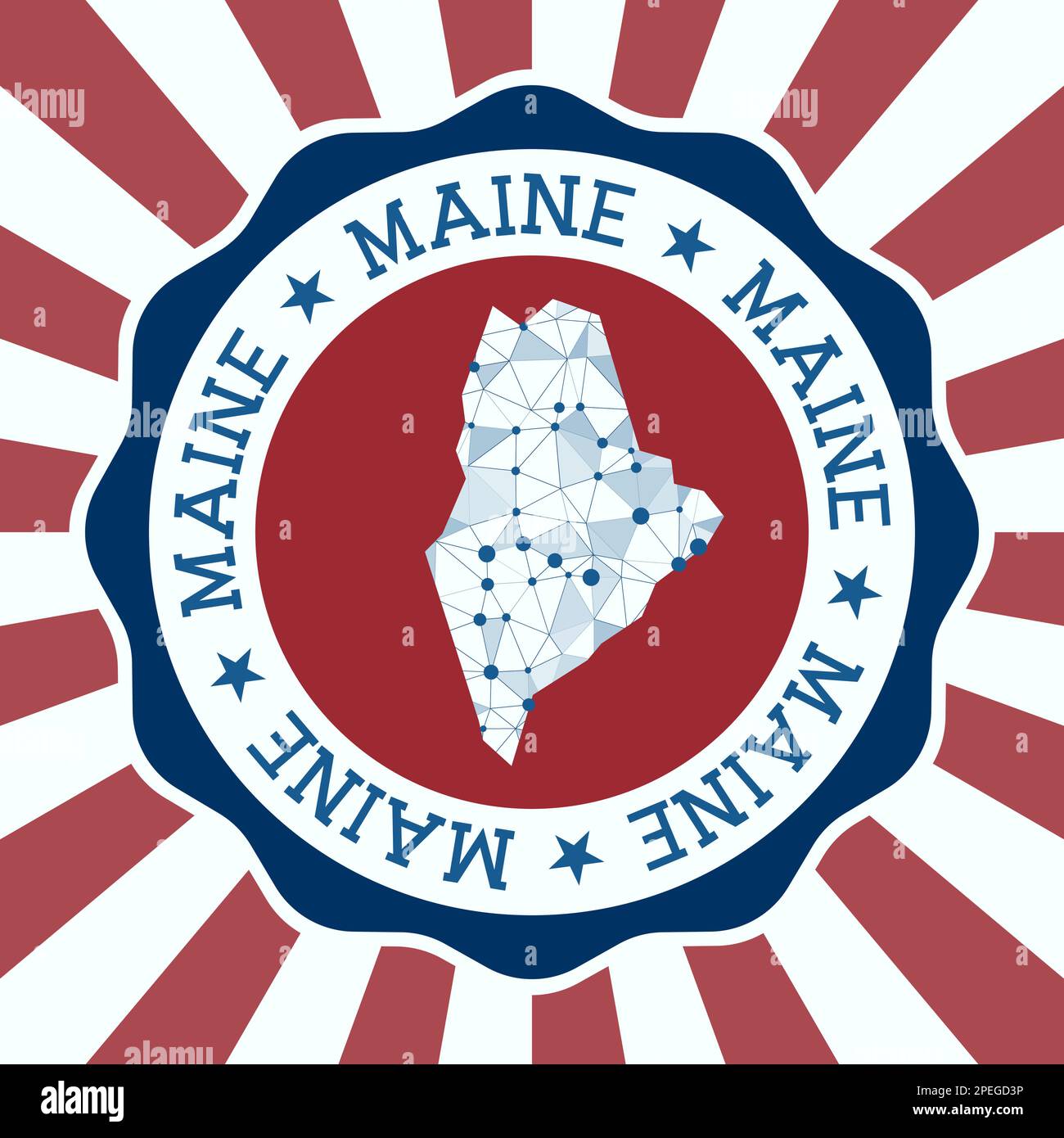 Maine Badge. Round logo of us state with triangular mesh map and radial rays. EPS10 Vector. Stock Vector