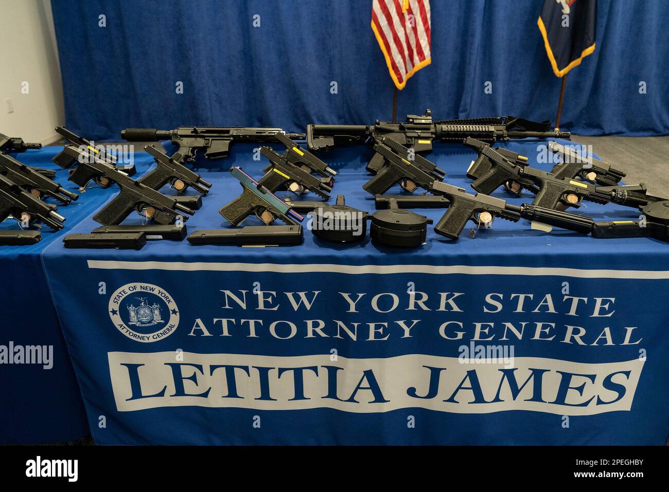 Confiscated guns on display at AG Letitia James announcement that