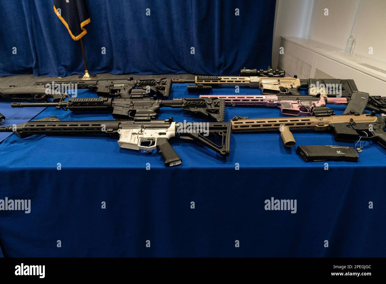 Confiscated guns on display at AG Letitia James announcement that