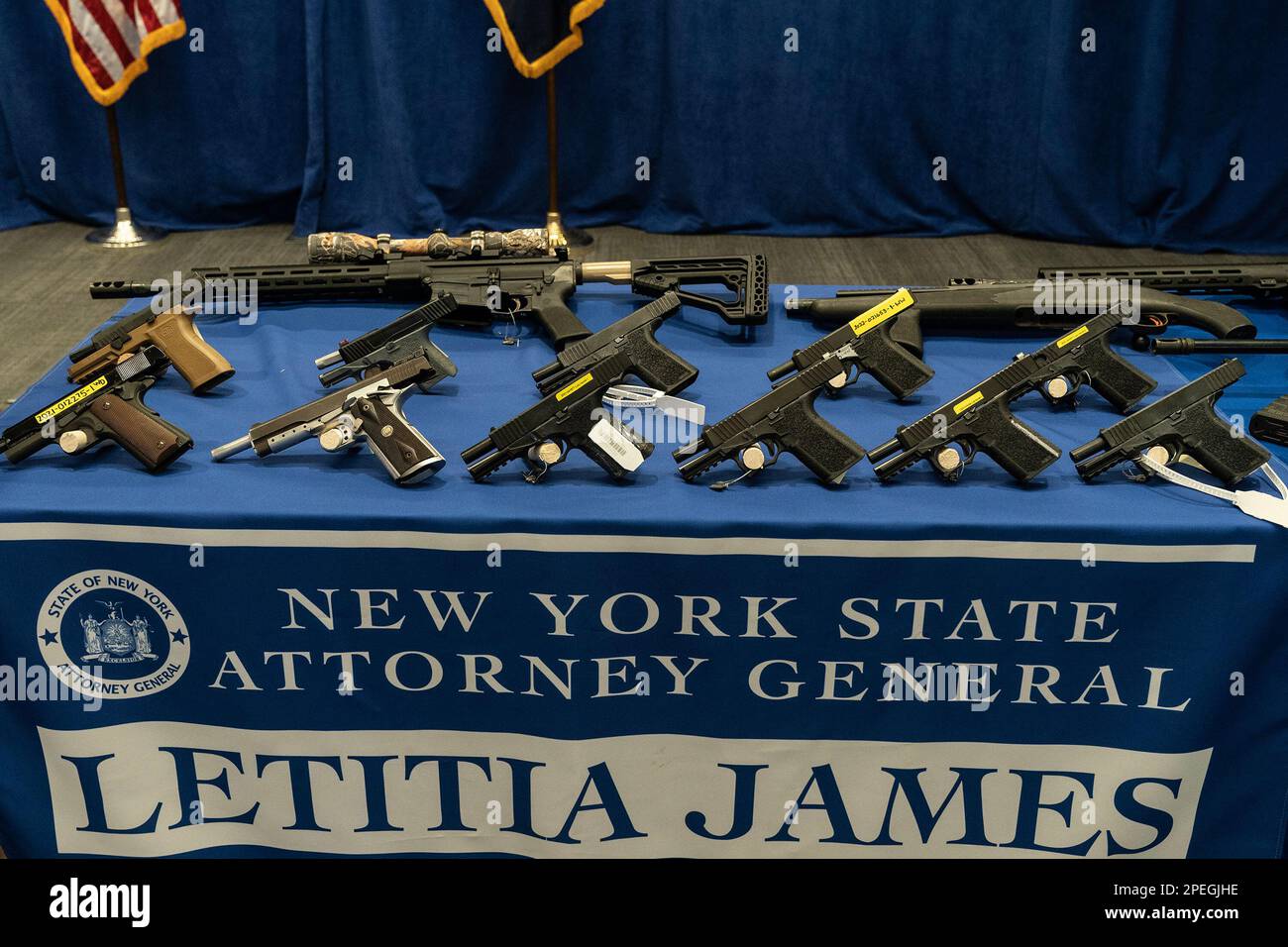 Confiscated guns on display at AG Letitia James announcement that