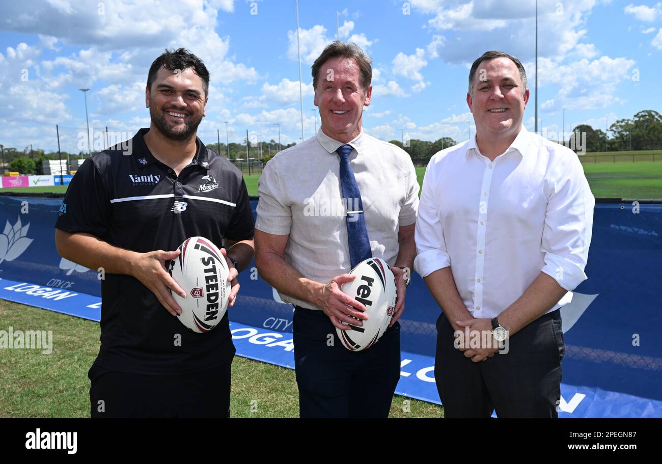 Former NRL, Wallabies and AFL player, now Souths Logan Magpies Coach Karmichael Hunt (left), Logan City Council Mayor Darren Power (centre) and QRL CEO Rohan Sawyer (right) are seen during a press