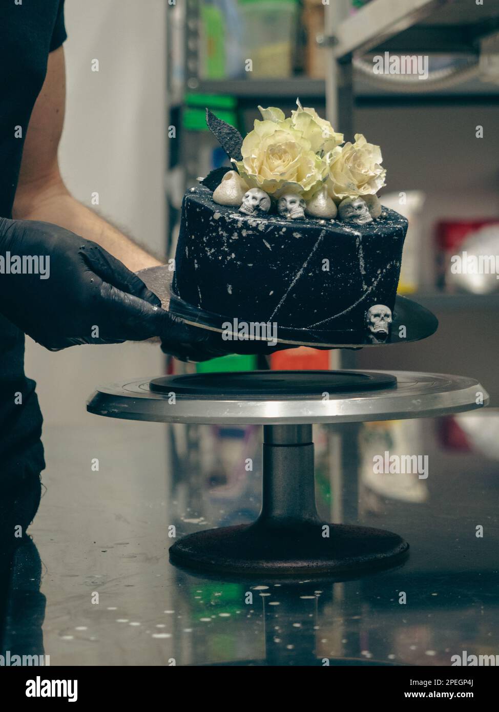 pastry chef baker topping birthday black airbrush painted frosted cake