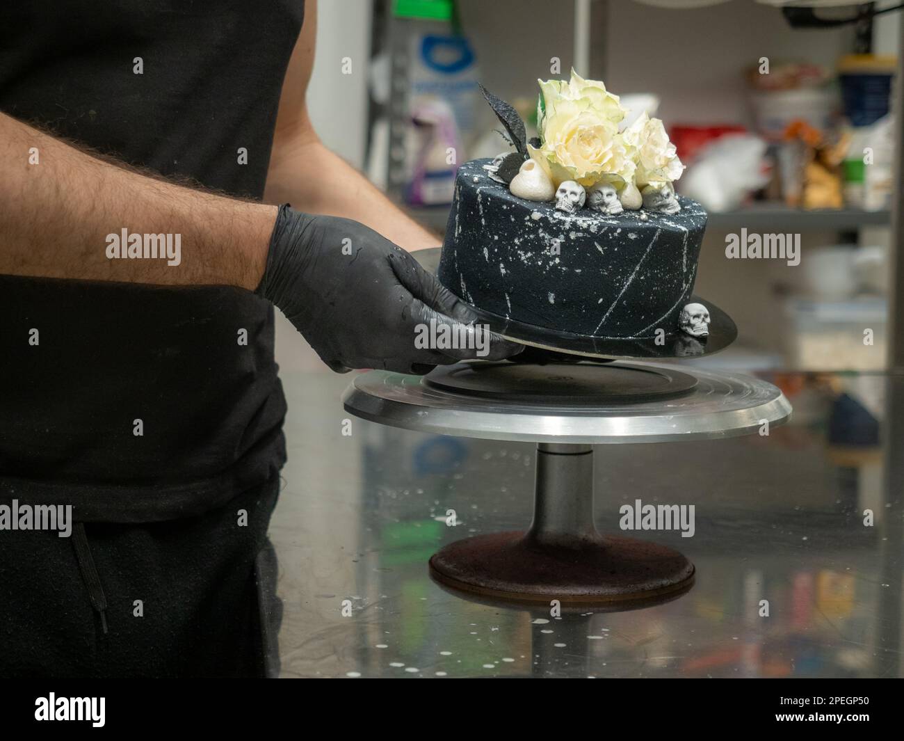 pastry chef baker topping birthday black airbrush painted frosted cake