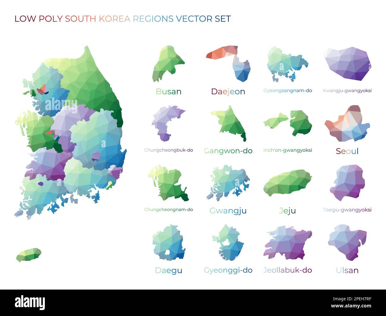 South Korean low poly regions. Polygonal map of South Korea with ...