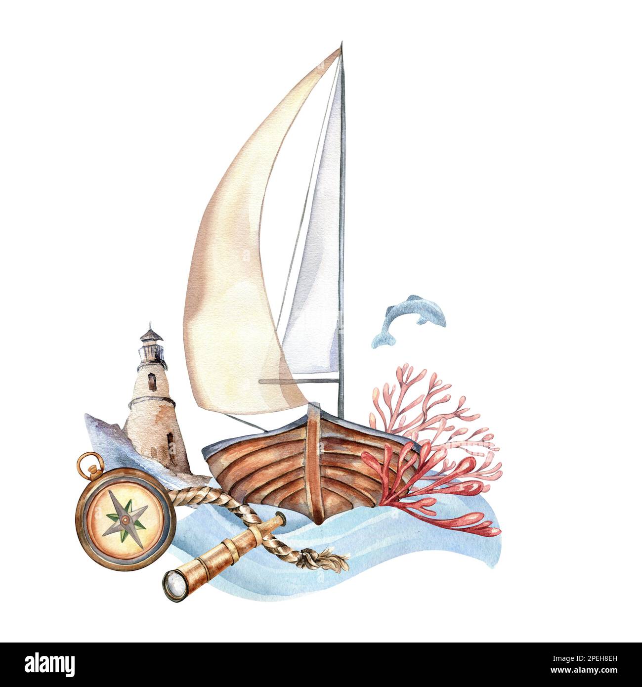 Composition of sailboat vintage style watercolor illustration isolated on white. Ship, vessel on waves, coral, fish, compass hand drawn. Childish desi Stock Photo
