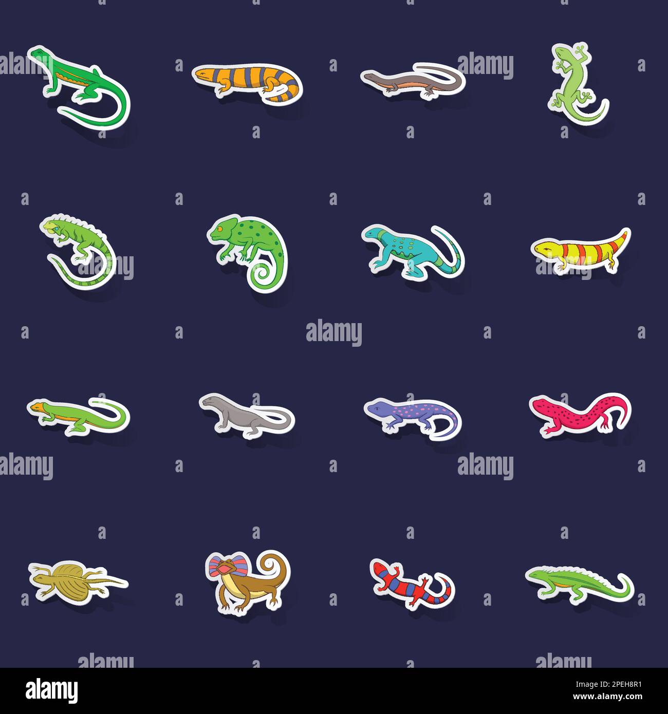 Lizard icons set stikers collection vector with shadow on purple ...