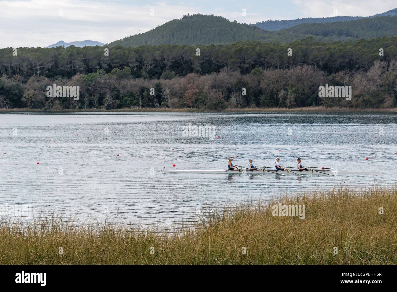 Lake Banyoles, rowing training, Banyoles, Catalonia, Spain Stock Photo