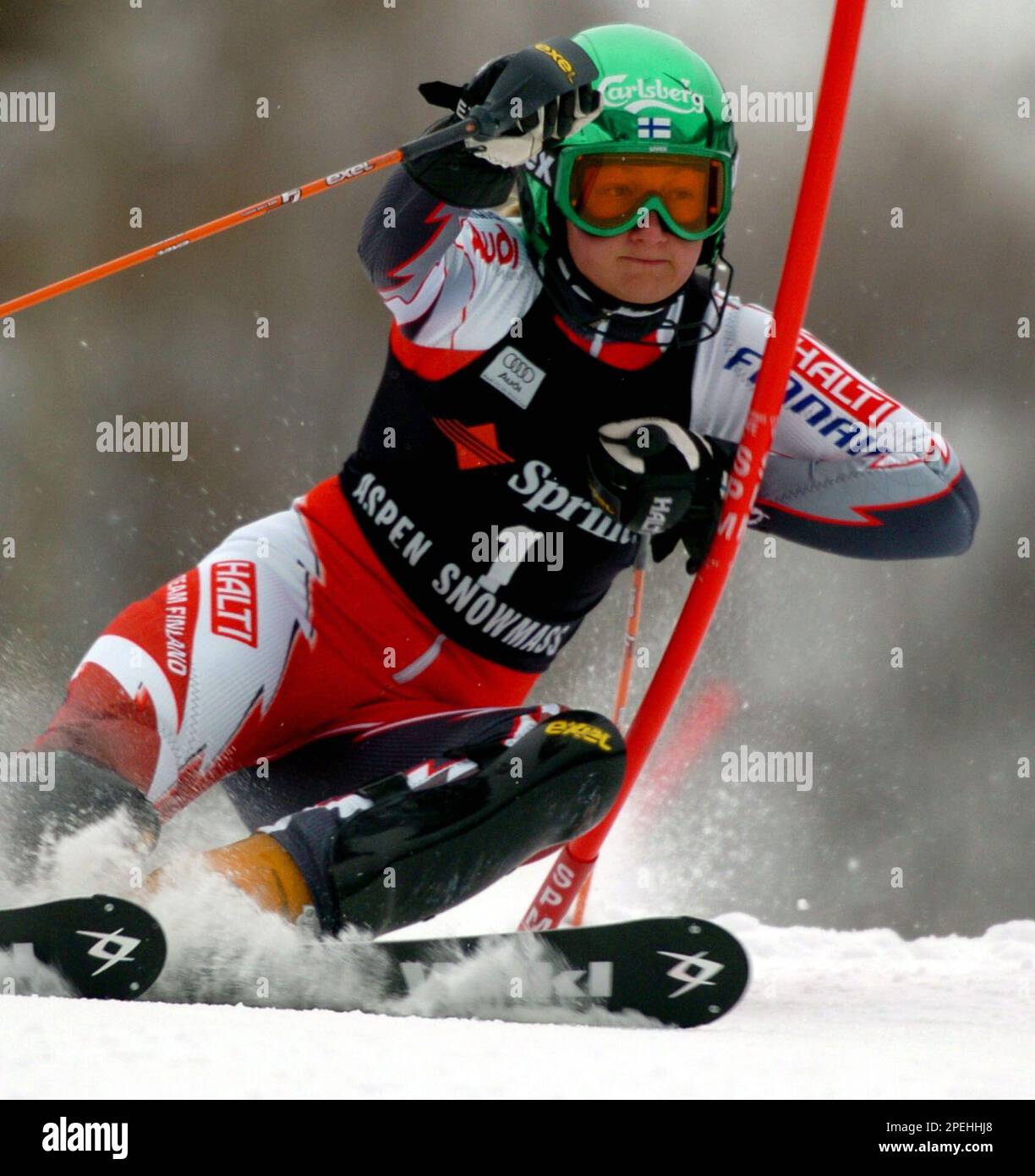 Finland&amp;#39;s Tanja Poutiainen slams past a gate on her way to the best ...