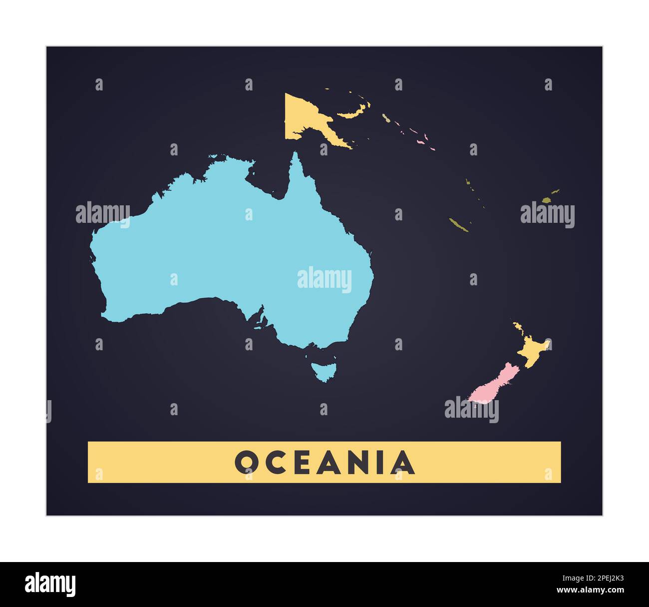 Oceania map. Continent poster with regions. Shape of Oceania with continent name. Attractive