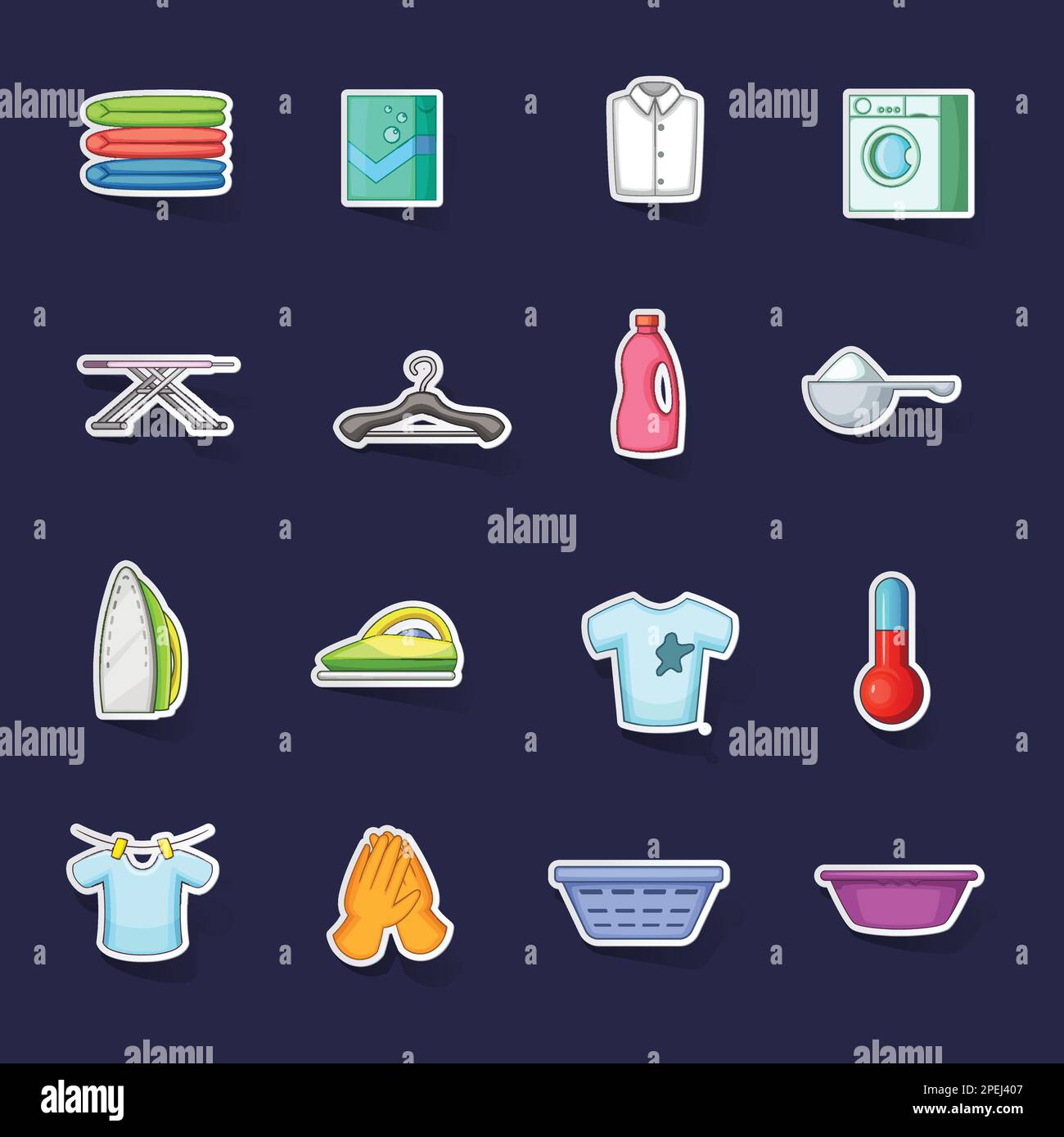 Laundry icons set stikers collection vector with shadow on purple