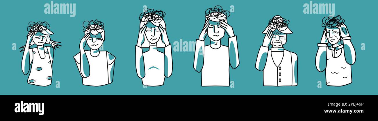 Stressed people set. Stress emotion of boy and girl, man and woman, grandfather and grandmother. Headache, mint and white. Sketched style vector illus Stock Vector