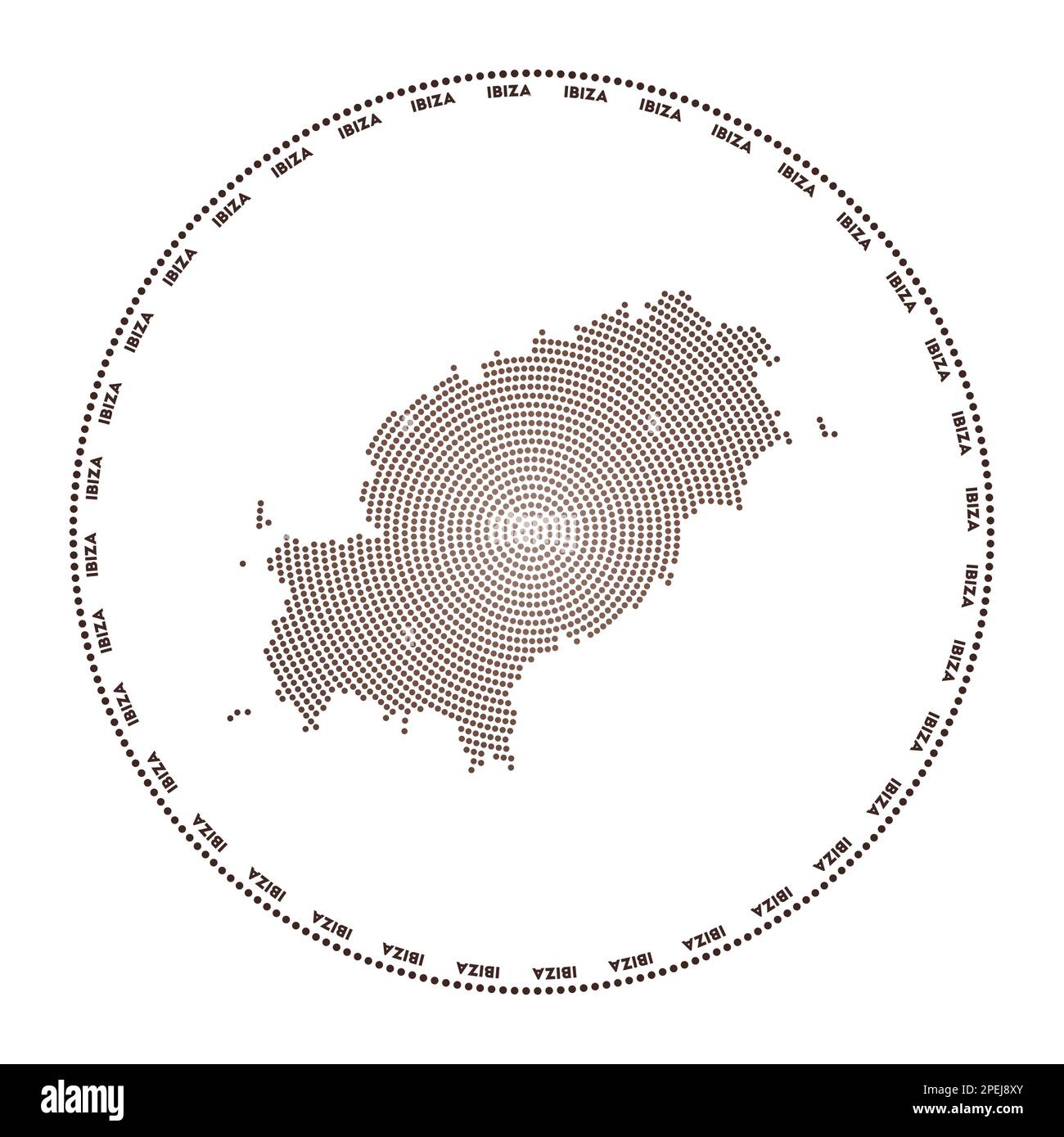 Ibiza round logo. Digital style shape of Ibiza in dotted circle with ...