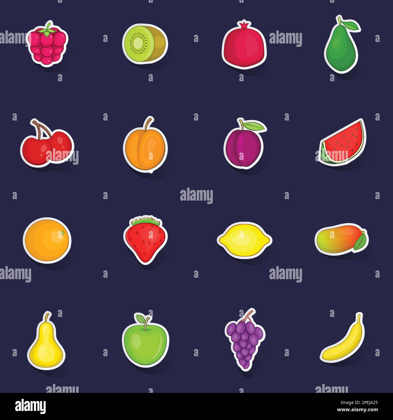 Fruit icons set stikers collection vector with shadow on purple ...