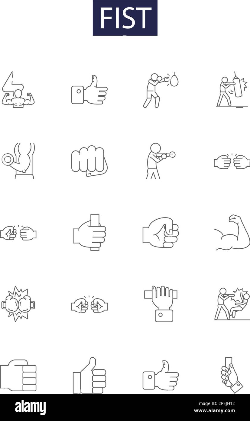 Fist line vector icons and signs. Punch, Knuckle, Clenched, Strike, Claw, Palm, Balled, Grasp outline vector illustration set Stock Vector