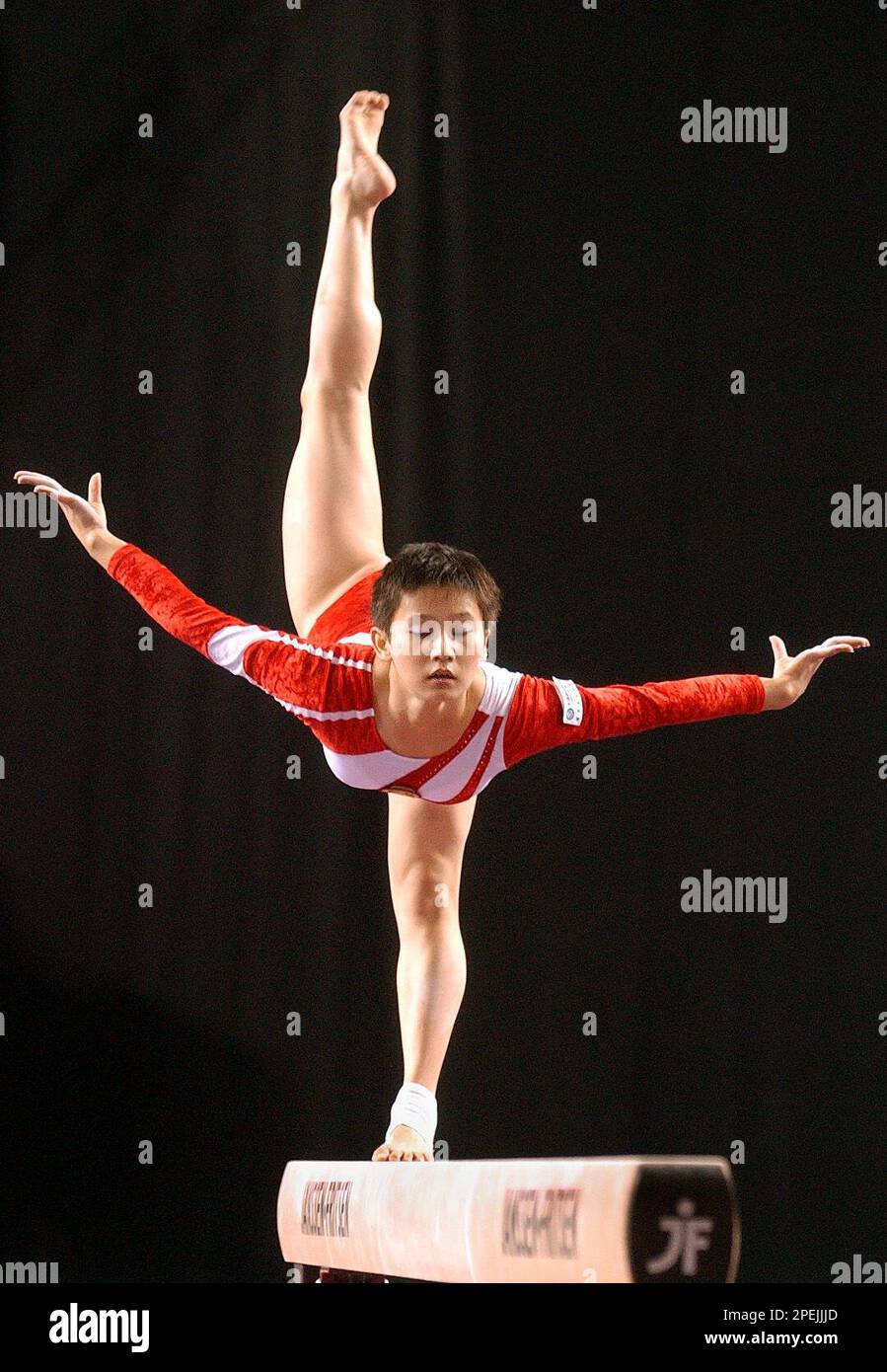 China's gymnast Zhang Nan performs on the balance beam during the World