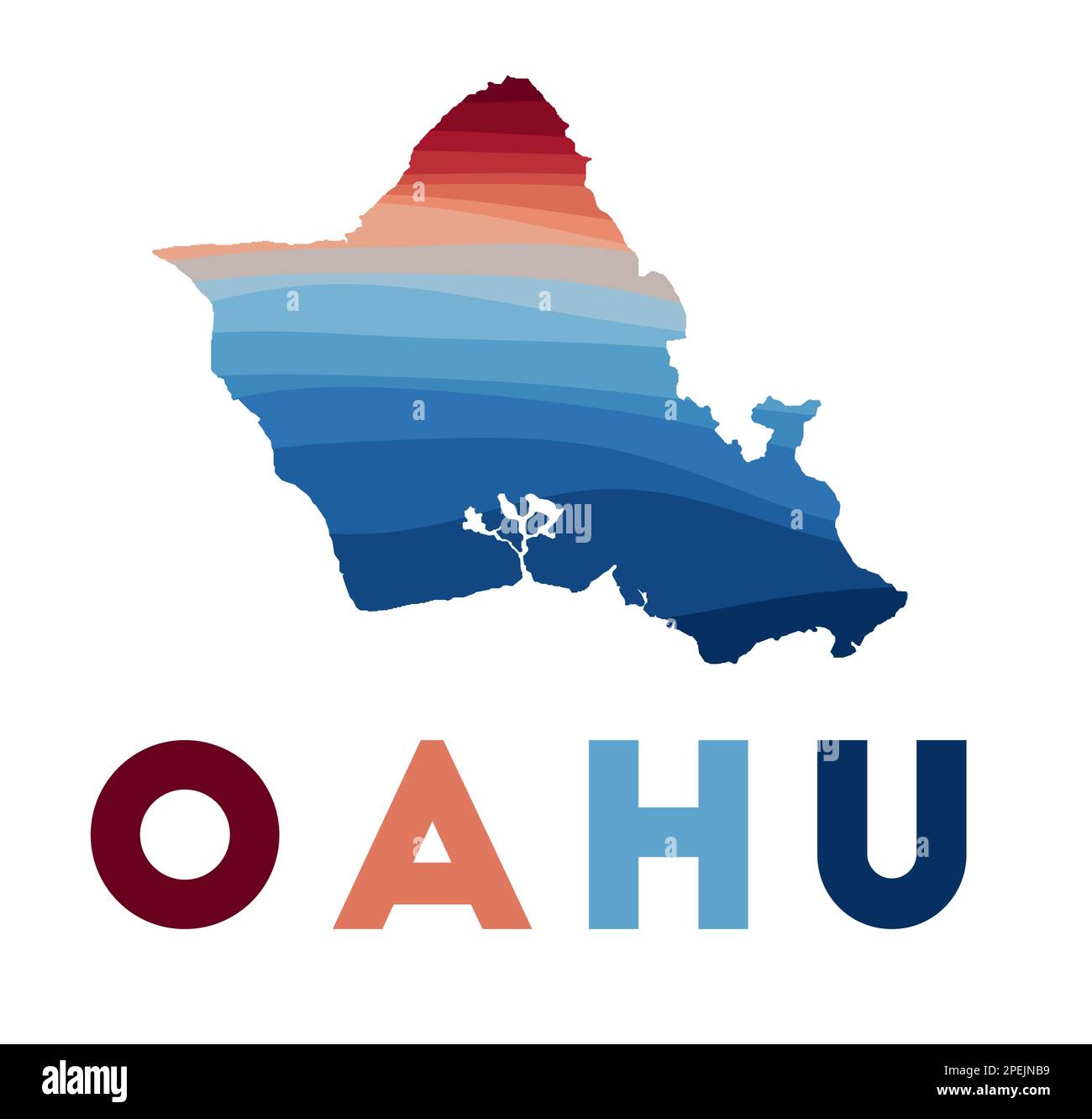 Oahu map. Map of the island with beautiful geometric waves in red blue ...