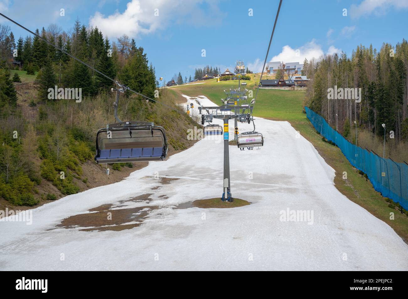 View of the Kasprowy Wierch chairlift from Kuźnice to the top of Kasprowy Wierch in the Tatra Mountains. Stock Photo