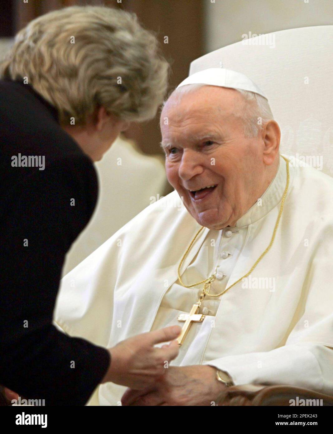 Pope John Paul II smiles as he jokes with the pilgrims as he adresses the  crowd in front of the basilica in Wadowice June 16. The 79-year-old Pontiff  continues his 13-days visit