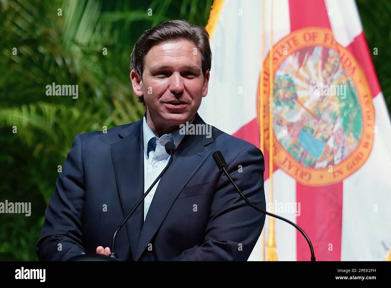 Florida Governor Ron DeSantis speaking at the Florida State Fair in Tampa on February 10, 2023. (USA) Stock Photo