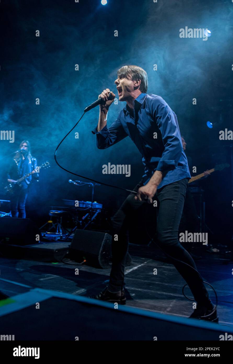York, UK. 15th Mar, 2023. Brette Anderson, frontman of Suede, playing a live gig at The Barbican in York. In the background is guitarist Neil Codling. Picture Credit: ernesto rogata/Alamy Live News Stock Photo