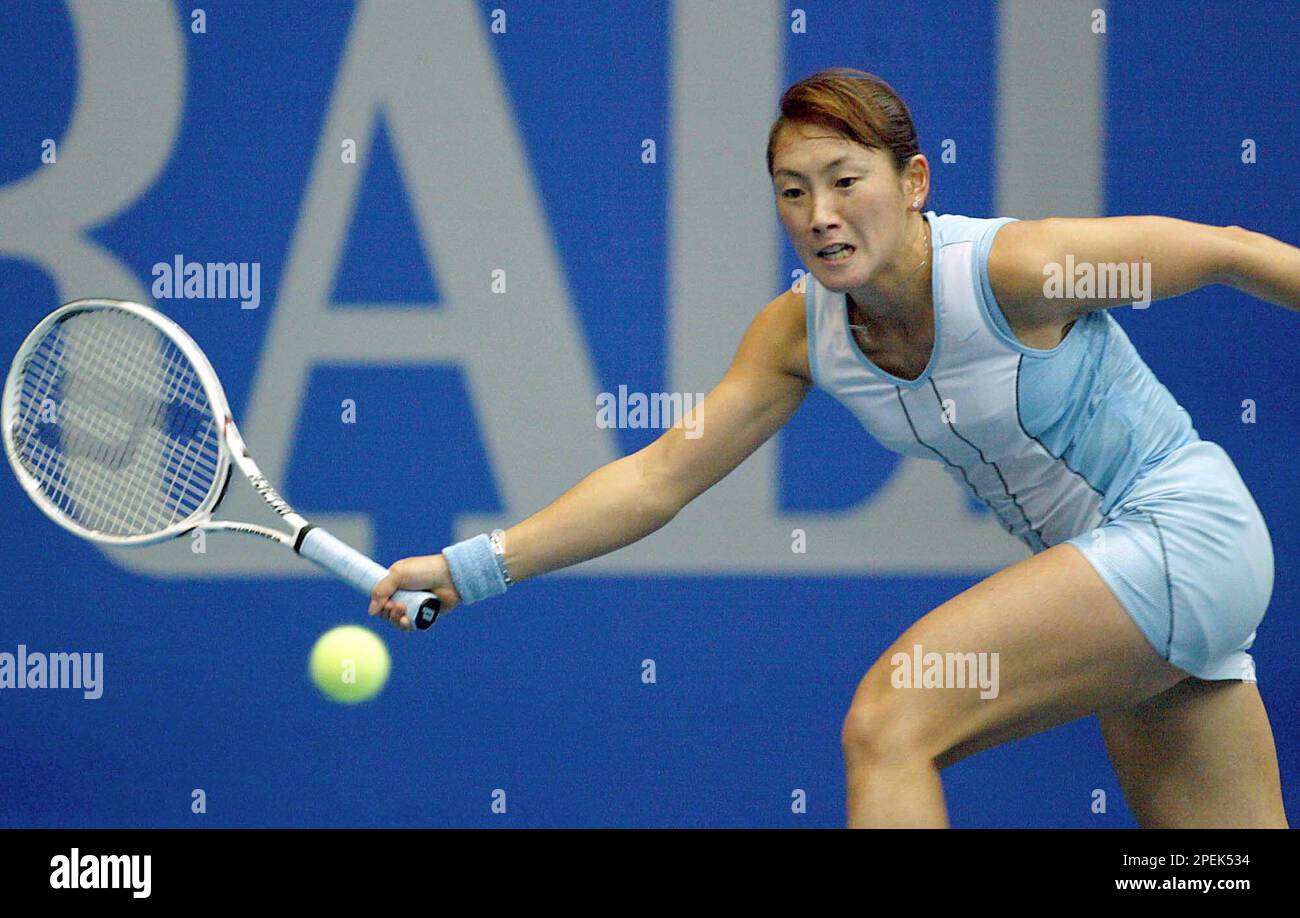 Ai Sugiyama from Japan returns the ball to Slovakia's Daniela Hantuchova at  the WTA tennis tournament in Linz, Austria on Thursday, Oct. 28, 2004.  Sugiyama won the match 6-2, 6-1. (AP Photo/RUBRA
