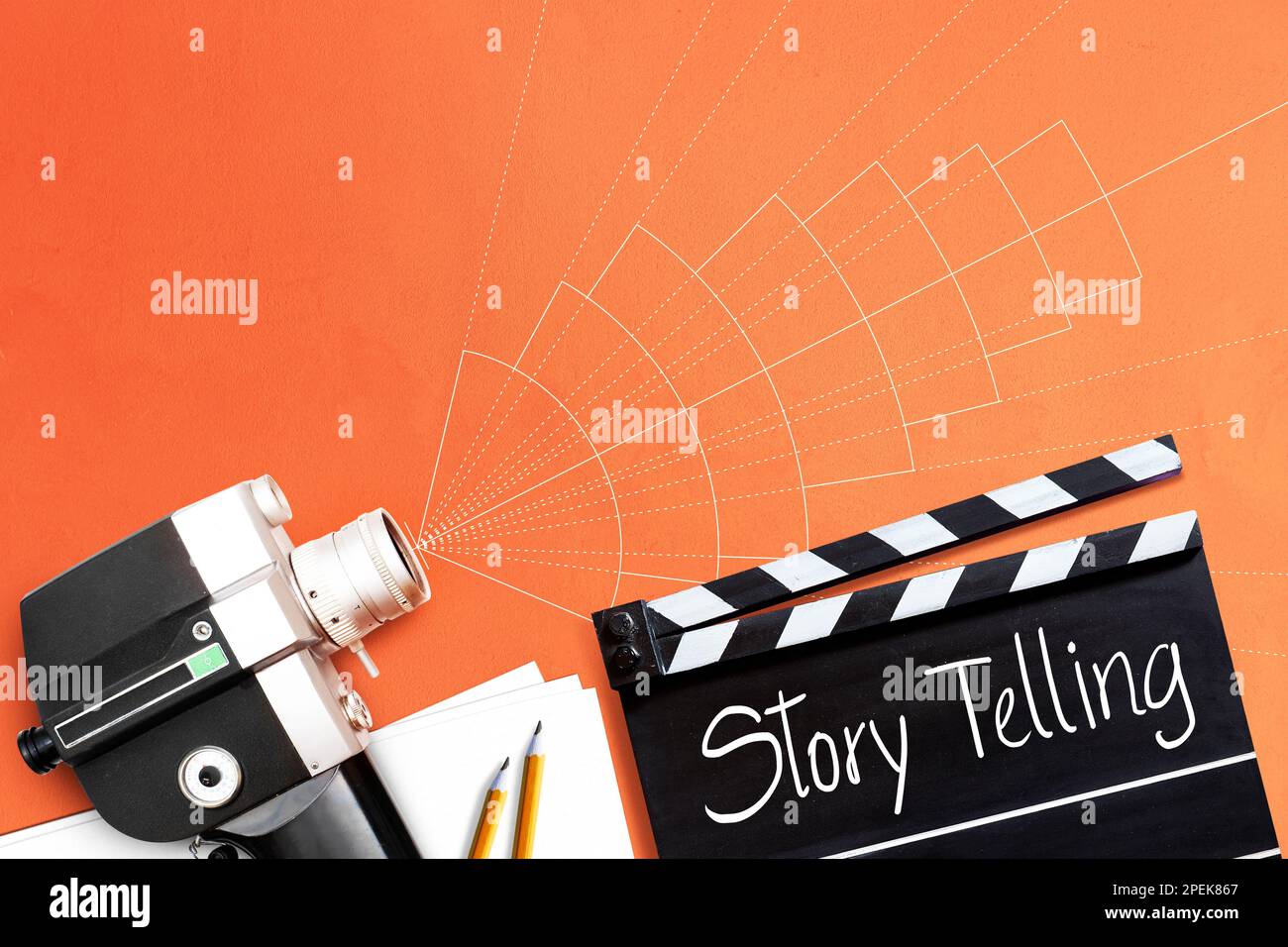 Story telling. text title on film slate or clapperboard and the old 8mm movie film camera for filmmaker and film industry. Stock Photo