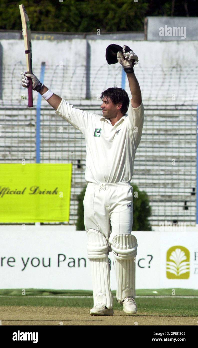 New Zealands captain Stephen Fleming celebrates after scoring a century ...