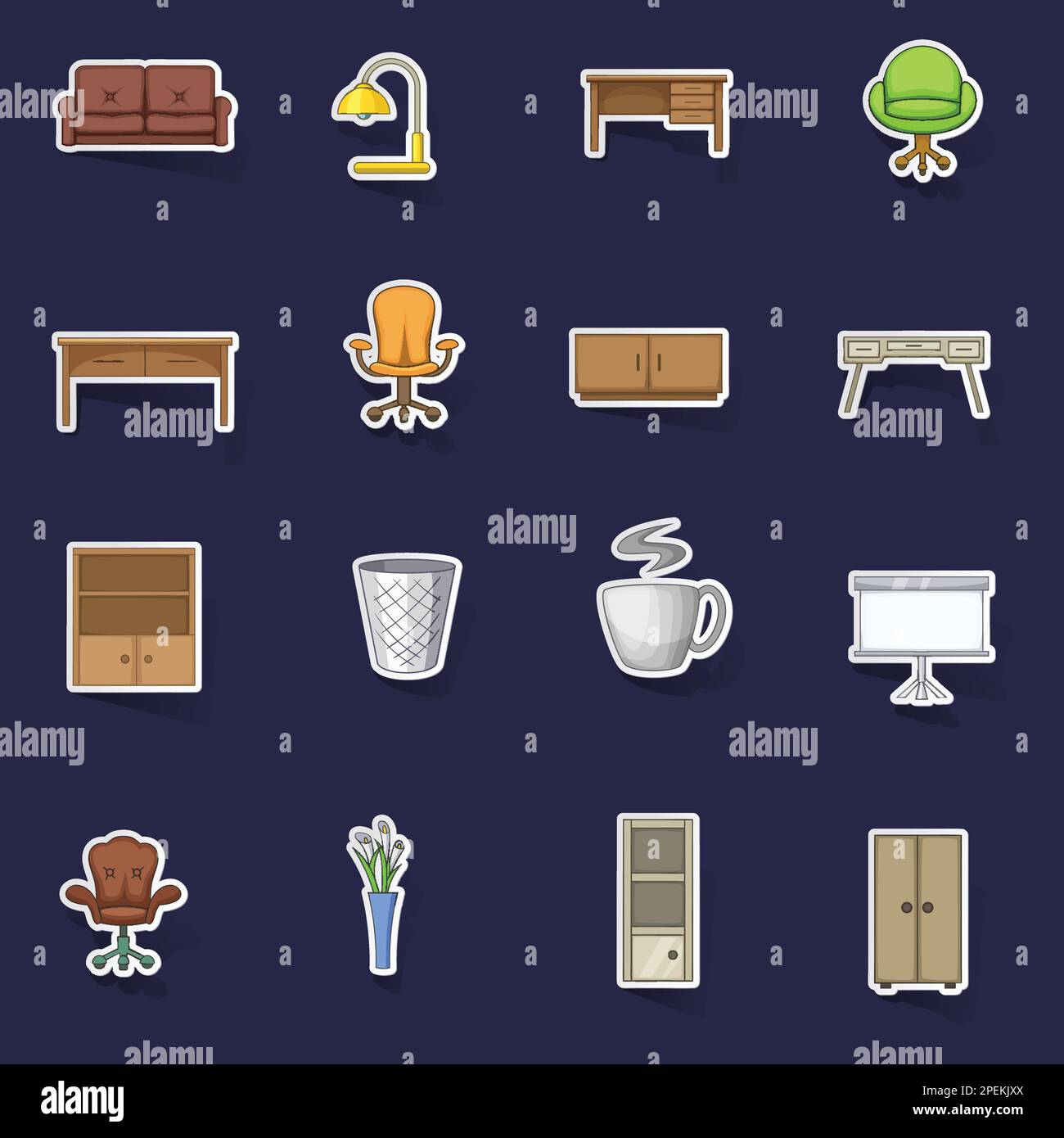 Office furniture interior icons set stikers collection vector with ...