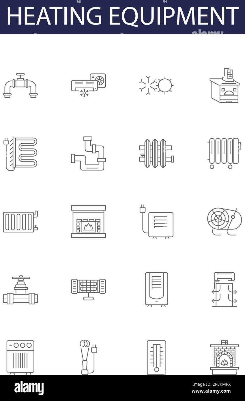 Heating equipment line vector icons and signs. Radiator, Boiler, Heat Pump, Thermostat, Humidifier, Air Conditioner, Space Heater, Fireplace outline Stock Vector