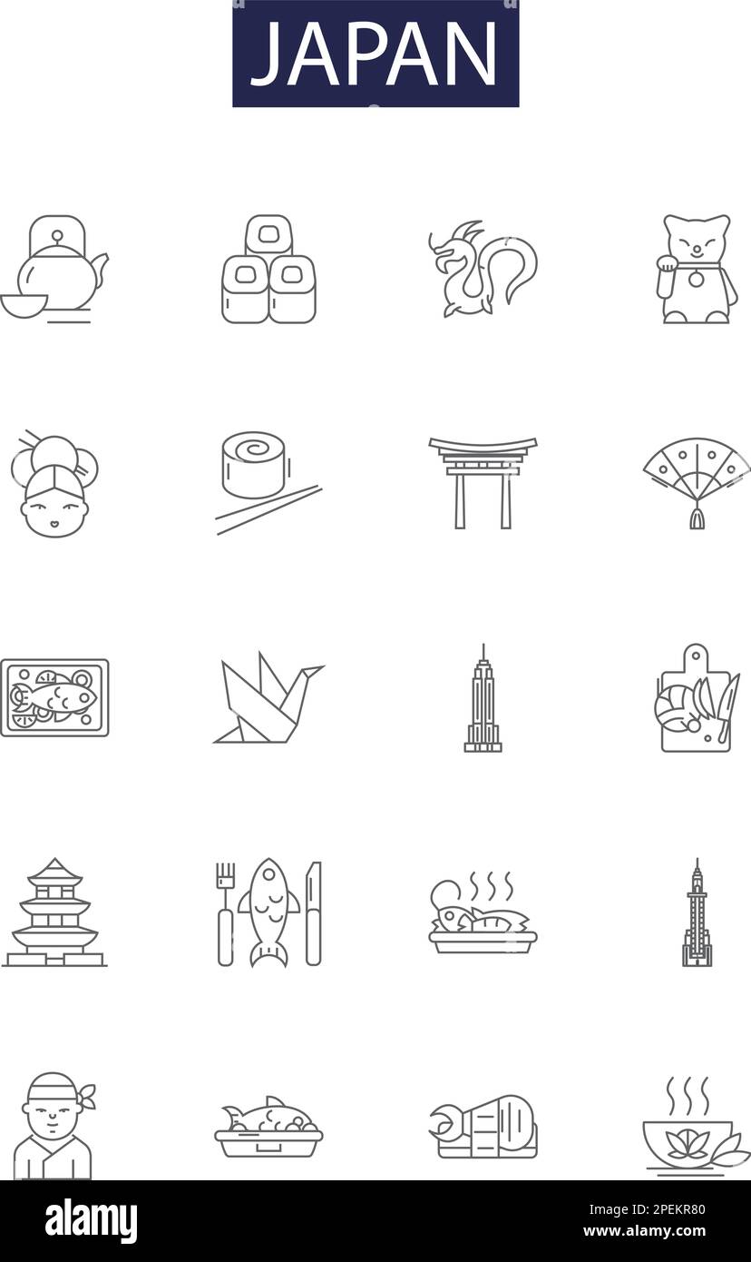 Japan line vector icons and signs. Tokyo, Sushi, Geisha, Buddhism, Kyoto, Yokohama, Anime, Emperor outline vector illustration set Stock Vector
