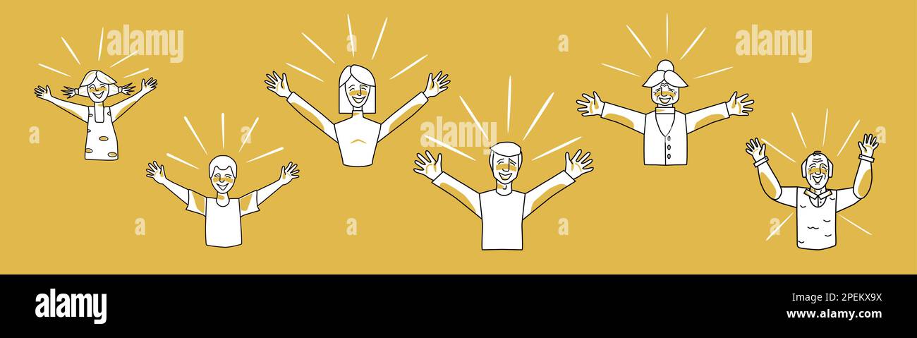 Set of happy people. Happiness of boy and girl, man and woman, grandfather and grandmother. Glowing, open arms. Orange and white, sketched style vecto Stock Vector