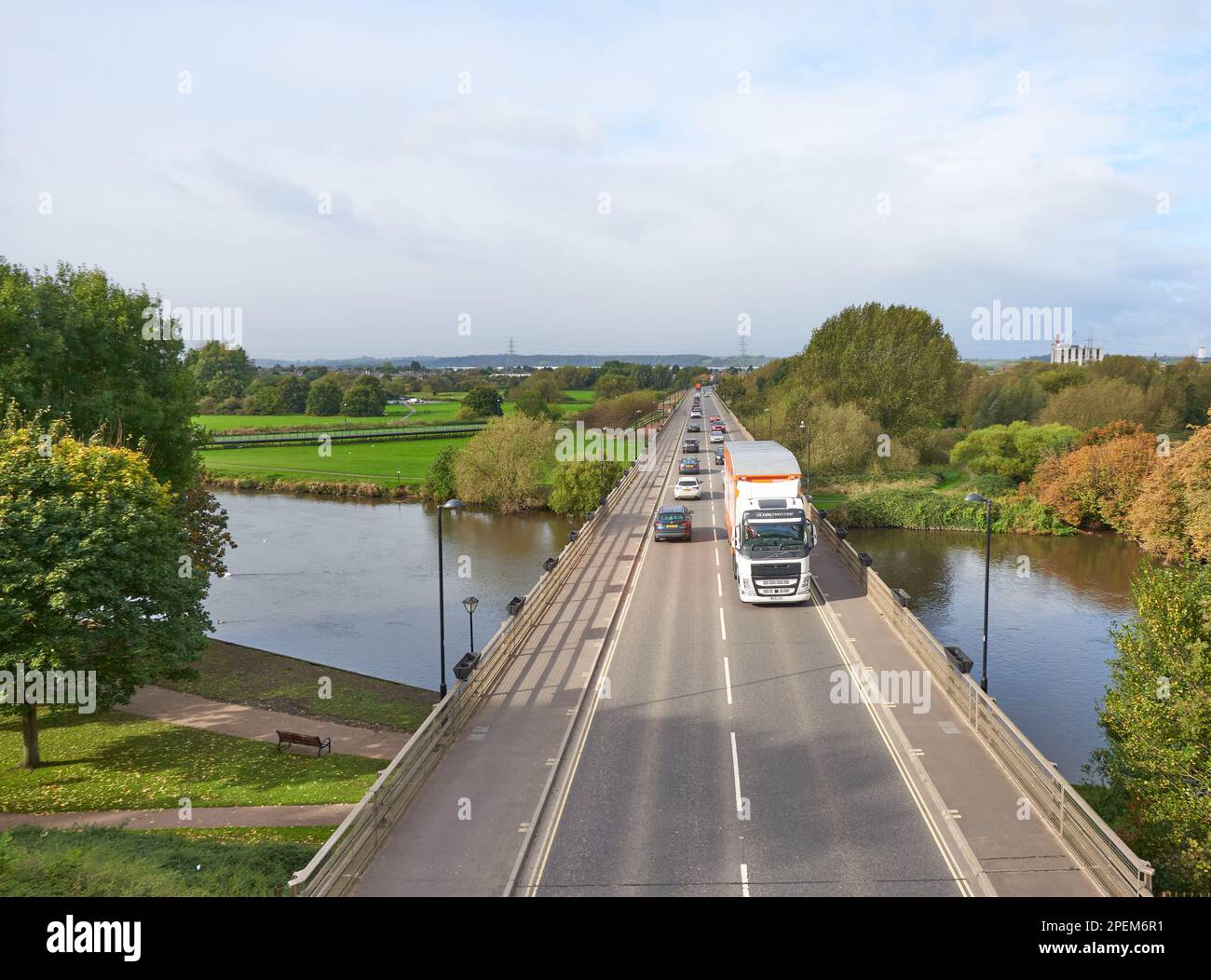 Articulated lorry on a bridge over the River Trent in Burton on Trent, UK Stock Photo