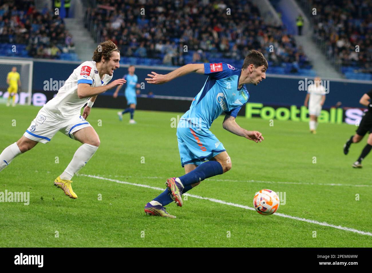 Saint Petersburg, Russia. 15th Mar, 2023. Zelimkhan Bakaev (No.7) of Zenit and Luka Gagnidze (No.34) of Dynamo in action during the Russian Cup 2022/2023 football match between Zenit Saint Petersburg and Dynamo Moscow at Gazprom Arena. Final score; Zenit 1:1 Dynamo (4:5, penalty shootout). Credit: SOPA Images Limited/Alamy Live News Stock Photo
