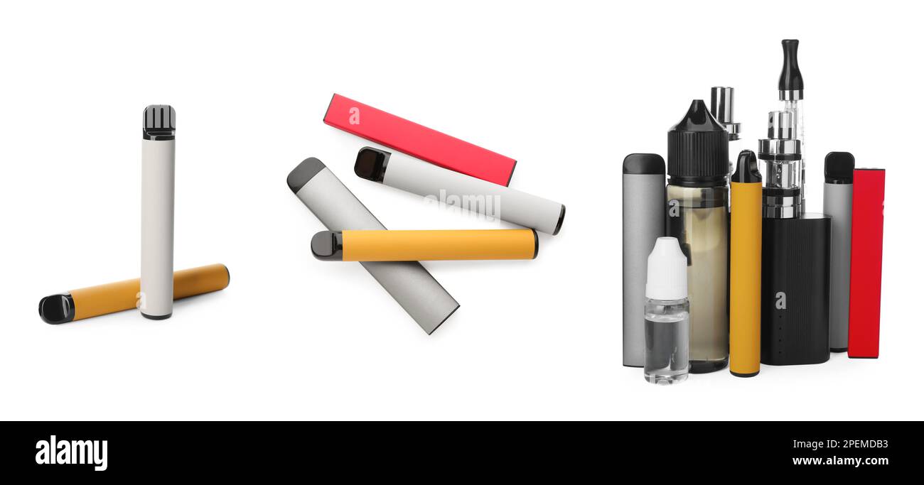 Set with different electronic smoking devices on white background