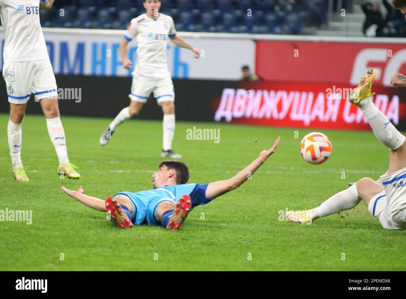 Saint Petersburg, Russia. 15th Mar, 2023. Zelimkhan Bakaev (No.7) of Zenit and Luka Gagnidze (No.34) of Dynamo in action during the Russian Cup 2022/2023 football match between Zenit Saint Petersburg and Dynamo Moscow at Gazprom Arena. Final score; Zenit 1:1 Dynamo (4:5, penalty shootout). (Photo by Maksim Konstantinov/SOPA Images/Sipa USA) Credit: Sipa USA/Alamy Live News Stock Photo