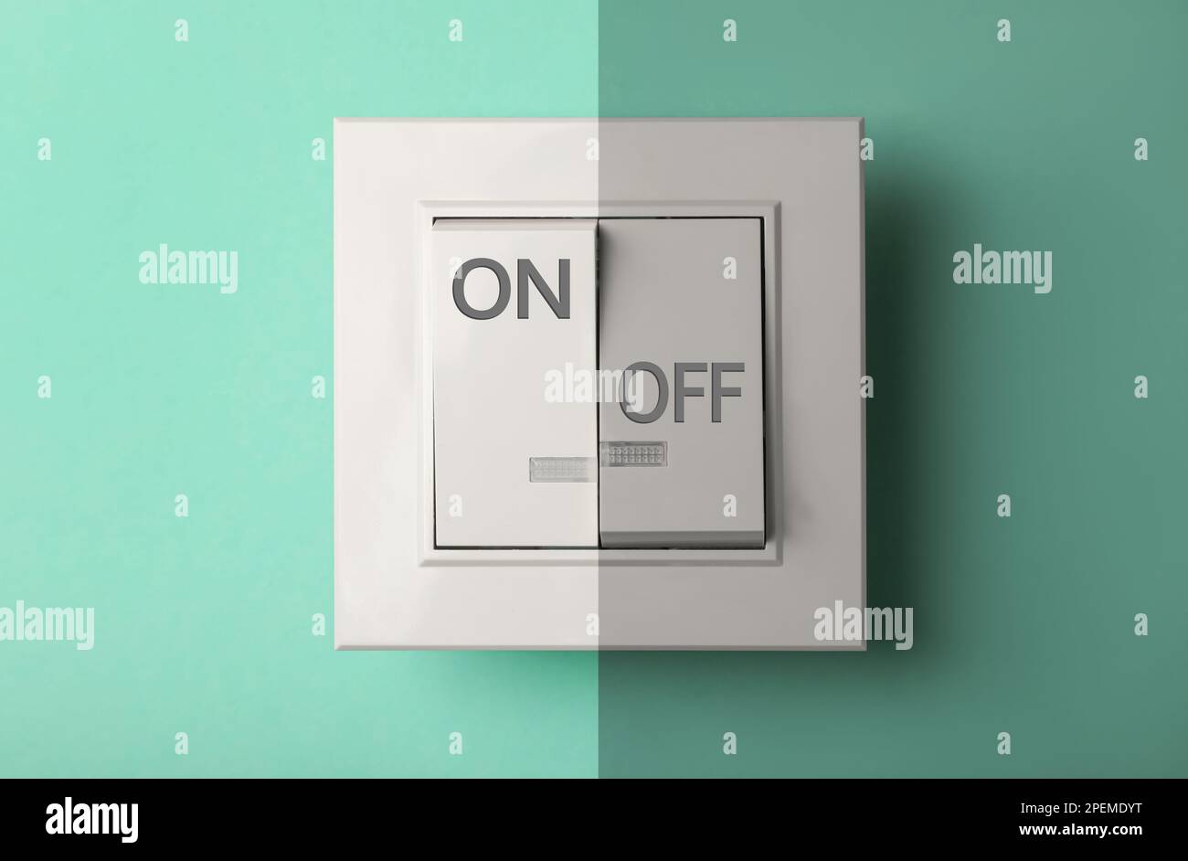 Turned ON and OFF light switch on turquoise background Stock Photo - Alamy