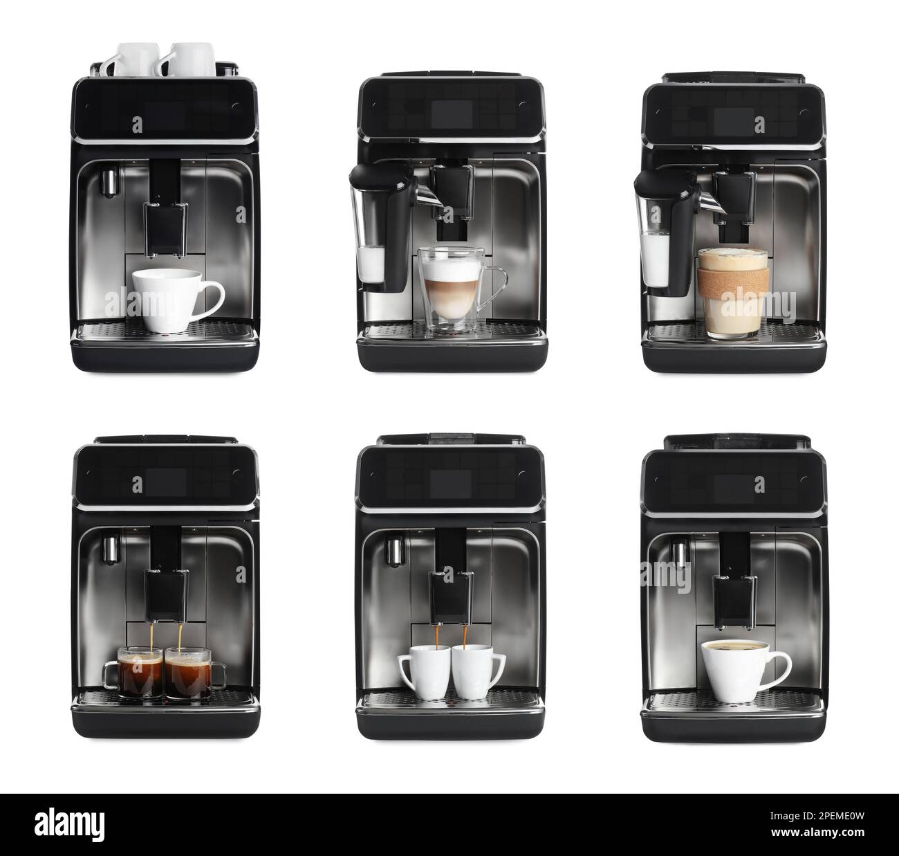 Set with modern electric coffee machines on white background Stock