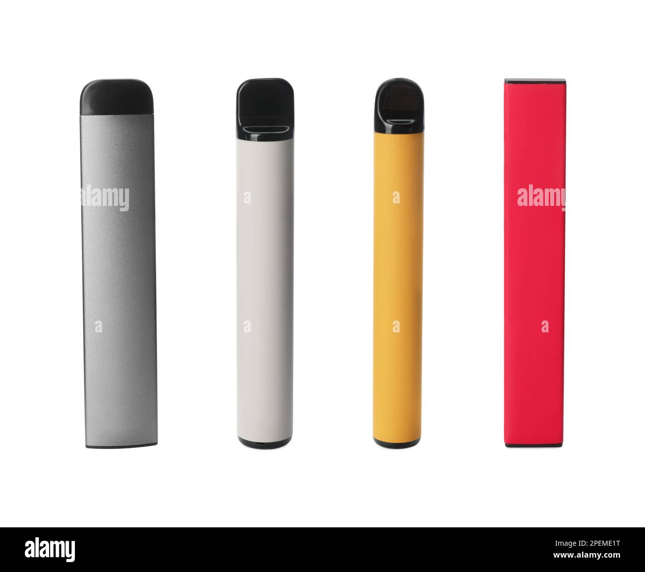 Set with different electronic smoking devices on white background Stock