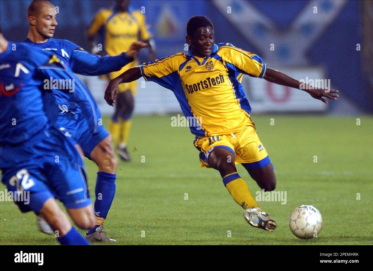 Belgium s SK Beveren player Romeo Seka right duels for the ball