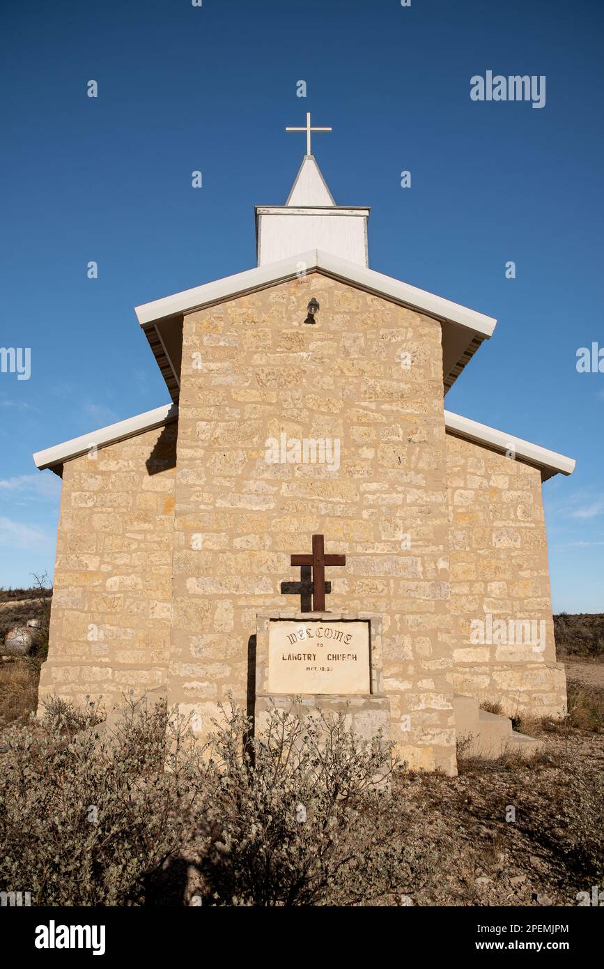 The Langtry Church built from stone in the desert in Langtry, Texas. Stock Photo
