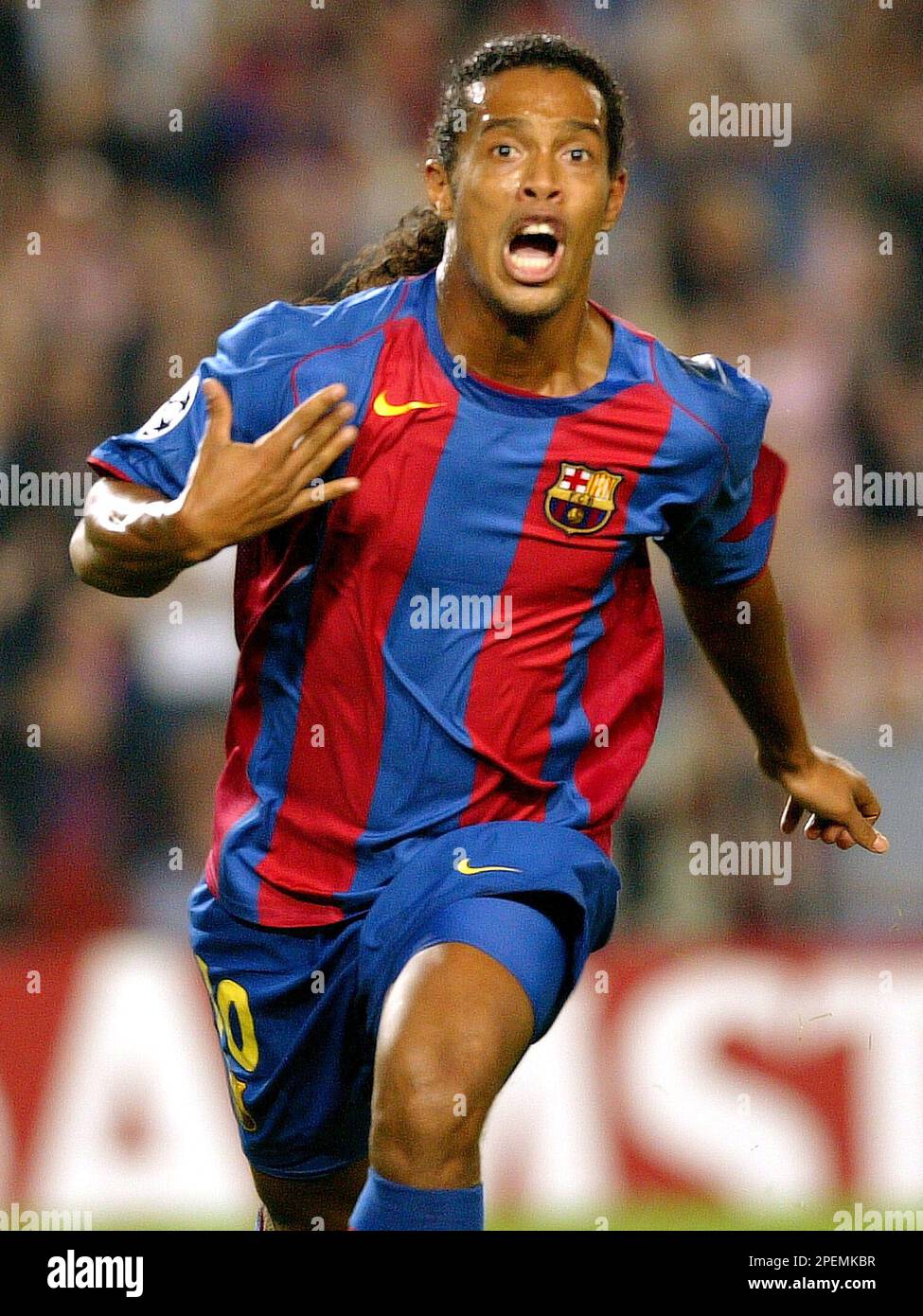 Barcelona's Brazilian player Ronaldinho celebrates after scoring