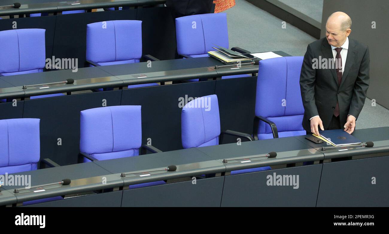 Berlin, Germany. 16th Mar, 2023. Chancellor Olaf Scholz (SPD) stands ...