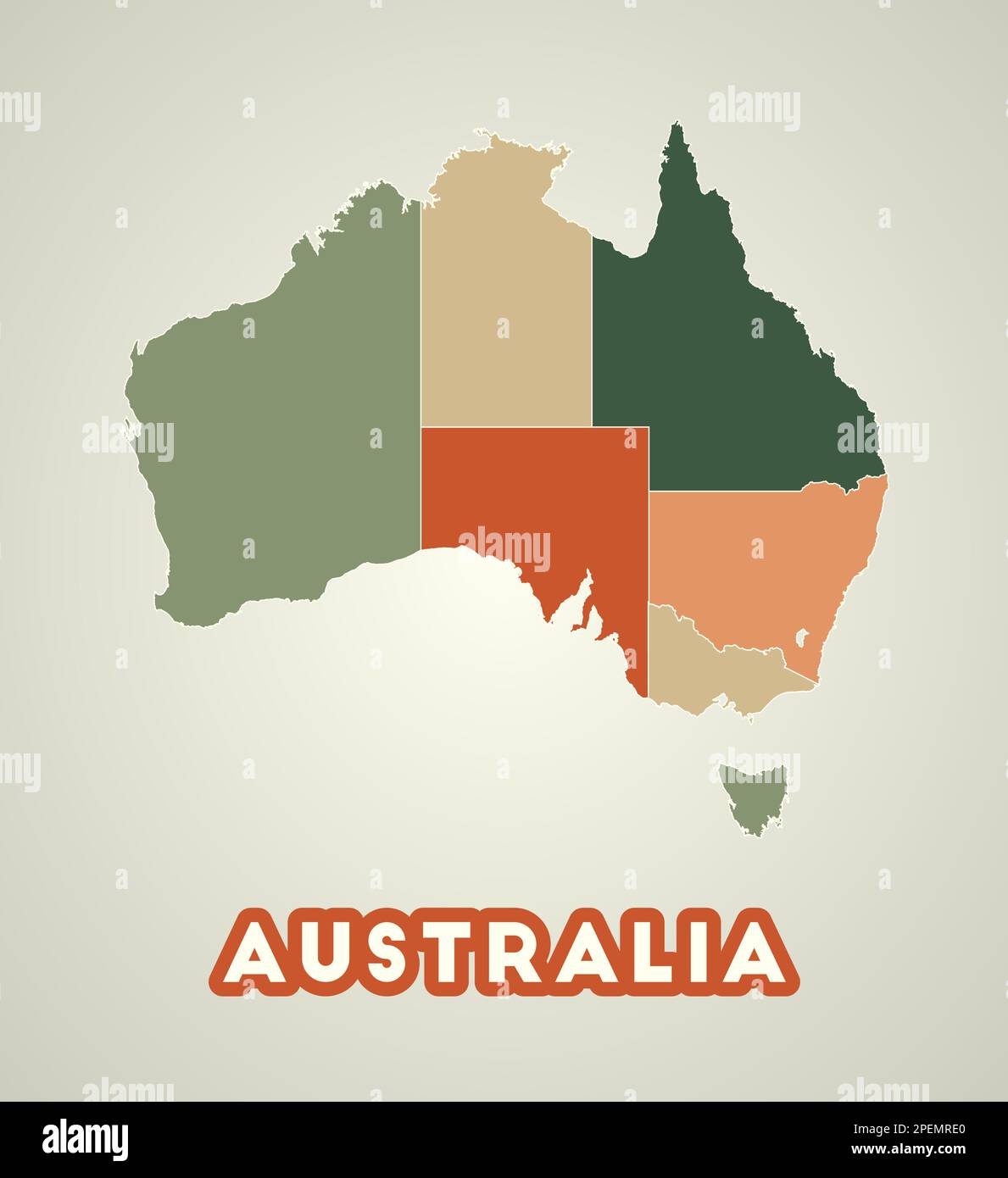 Australia poster in retro style. Map of the country with regions in ...