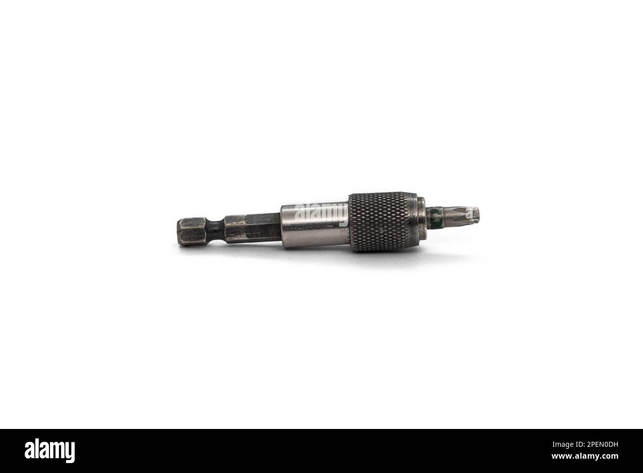 Quick release screwdriver bit holder with bit attached isolated on