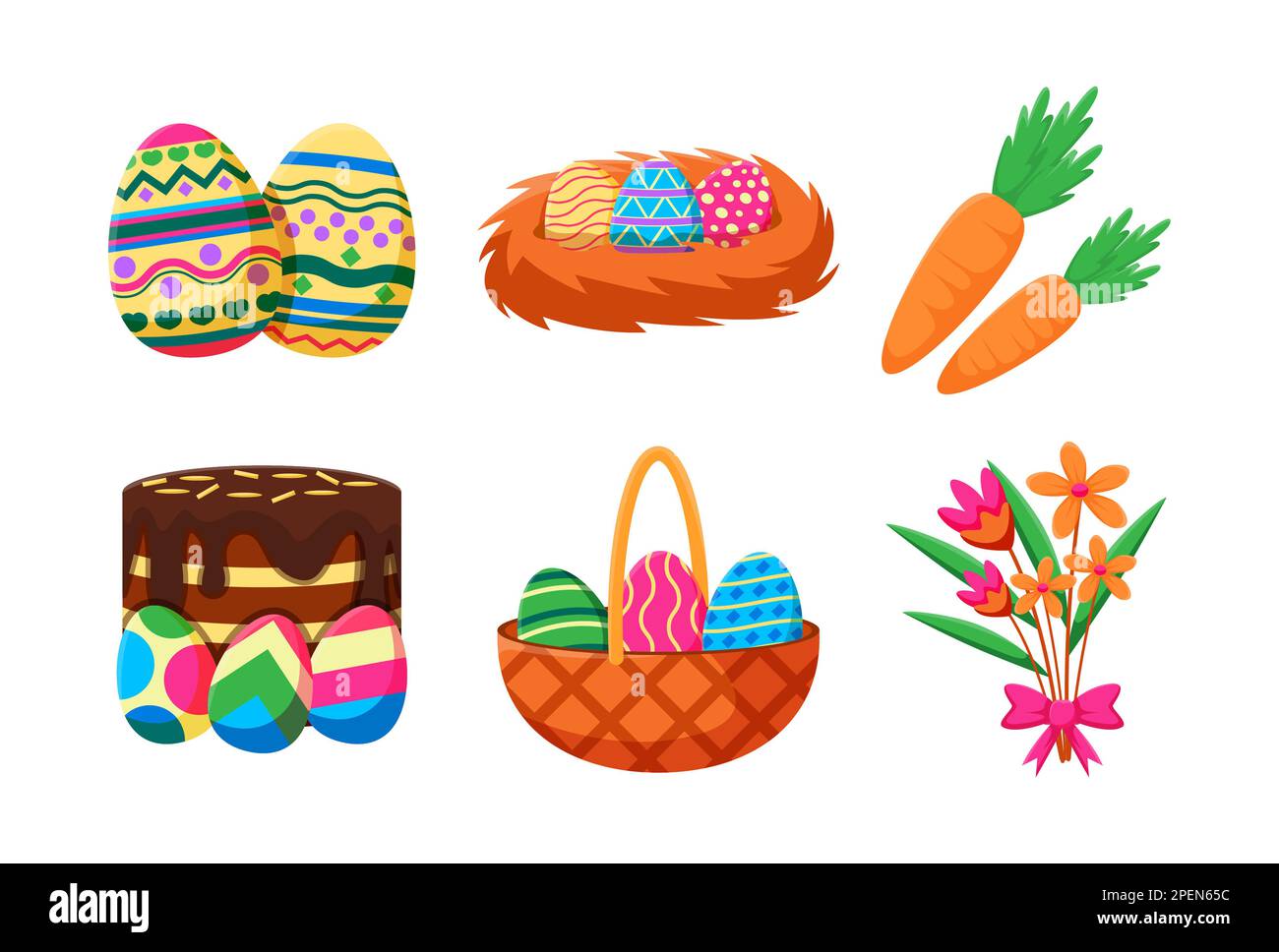 Happy Easter design element with eggs, carrot, cake, basket of eggs and