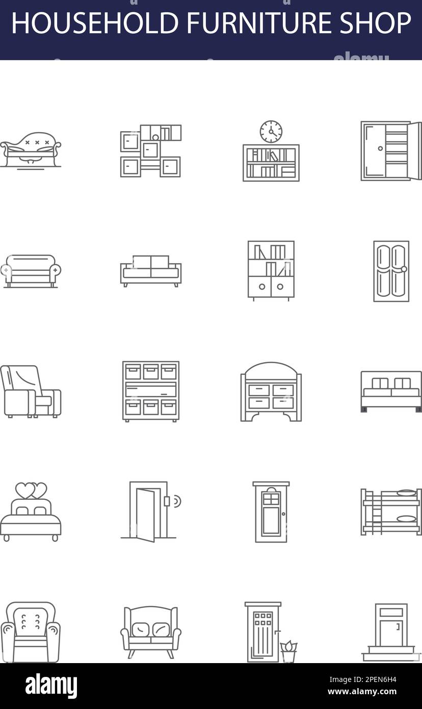 Household furniture shop line vector icons and signs. Household, Shop, Sofa, Table, Chair, Cabinets, Stools, Beds outline vector illustration set Stock Vector