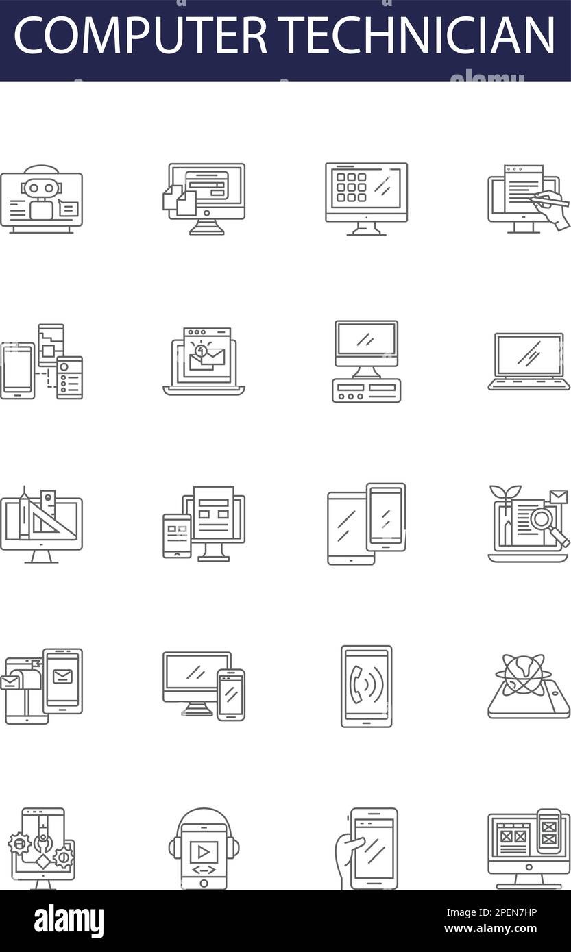 Computer technician line vector icons and signs. technician, repair, IT, support, hardware, software, diagnostics, networks outline vector Stock Vector