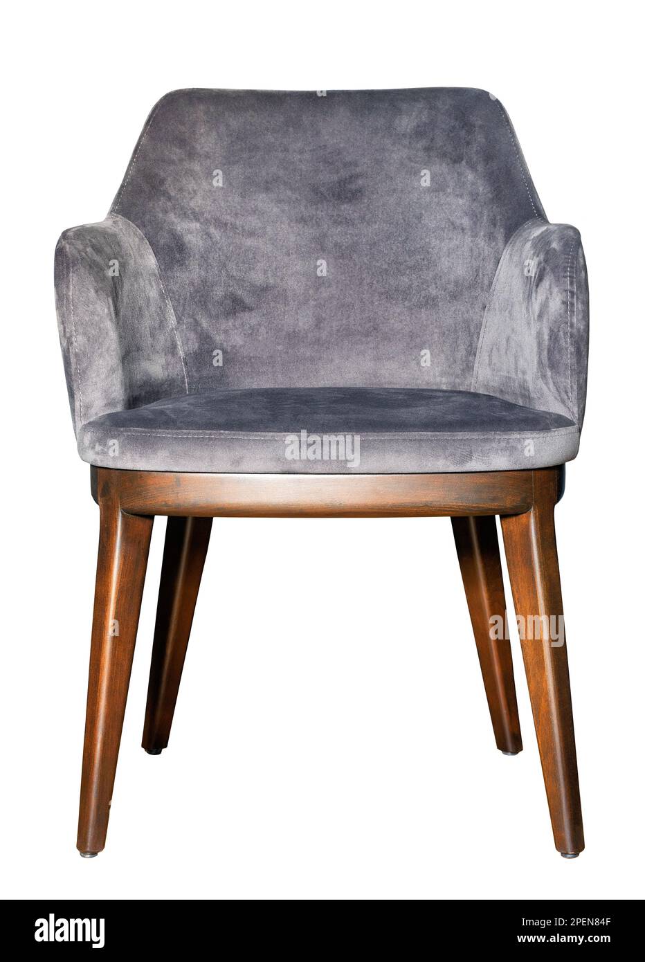 Velor armchair with soft gray upholstery and dark brown polished wooden legs. The image is isolated on a white background. Stock Photo