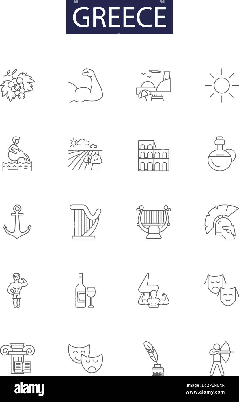 Greece line vector icons and signs. Aegean, Peloponnese, Athenian, Acropolis, Mycenaean, Olympus, Parthenon, Cycladic outline vector illustration set Stock Vector